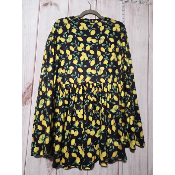 ALLEGRACE Women's 4X Black Lemon Print Long Sleeve Button Front Tunic Top - Picture 2 of 8